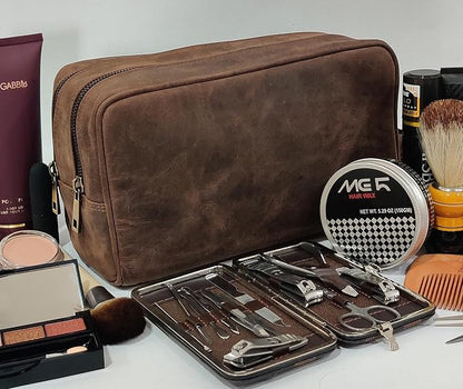 RUSTIC TOWN Full Grain Leather Travel Toiletry Bag - Cosmetic Ditty Kit Organizer (Dark Brown)