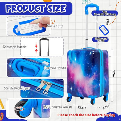 Redbaker 6 Pcs Kids Luggage Set 17 Inch Kids Rolling Luggage Double Pattern Suitcase for Girls Boys School Gift(Blue Purple,17 Inch,Starry Sky Style)