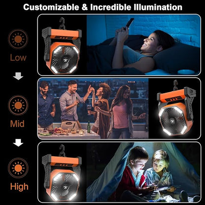 KITWLEMEN 20000mAh Battery Powered Camping Fan - 58H Max Cooling, Rechargeable Battery Operated Desk Fan with 4 Speeds, Bright Light & Hanging Hook, Portable for Tent Outdoor Hurricane Power Outage