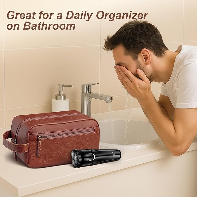 Travel Toiletry Bag for Men and Women, Travel Shaving Dopp Kit Water-resistant Bathroom Toiletries Organizer PU Leather Cosmetic Bags (Brown)