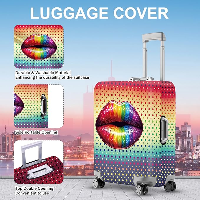 ANNA QUEEN Pop Art Rainbow Lips Luggage Cover, Colorful Suitcase Protector with Bold Lip Design, Stretchable, Washable Travel Cover for 20-22 Inch Luggage, Fun & Fashionable Style