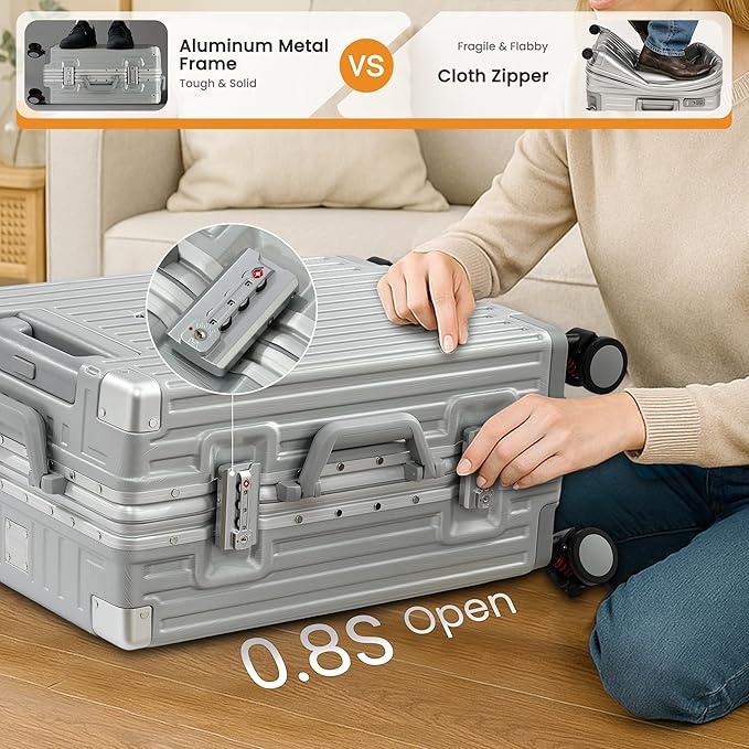 26 Inch Checked Luggage with Spinner Wheels, No Zipper Aluminum Frame Hard Shell Suitcases with TSA Lock, PC+ABS Lightweight Large Suitcase for Travel (Silver)