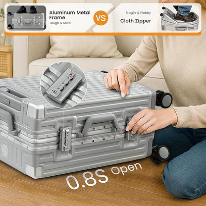 26 Inch Checked Luggage with Spinner Wheels, No Zipper Aluminum Frame Hard Shell Suitcases with TSA Lock, PC+ABS Lightweight Large Suitcase for Travel (Silver)