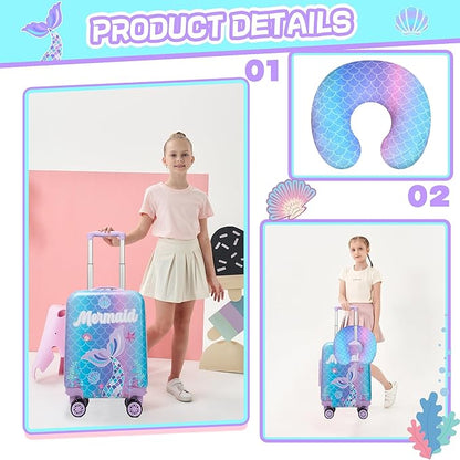 Cute Mermaid Kid’s Luggage Set 5 Piece Suitcase Set 16’’ Hardside Luggage with Spinner Wheels Girls Carry on Toddler Luggage Travel Rolling Suitcase Airline Approved
