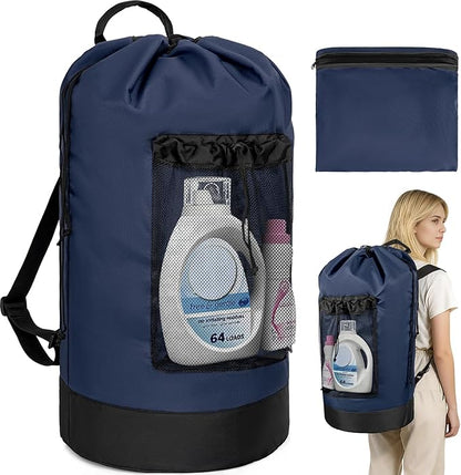 Laundry Bag Backpack with Shoulder Straps and Mesh Pocket Foldable Clothes Hamper Bag with Drawstring Closure for College, Apartment, Laundromat (Dark Blue)