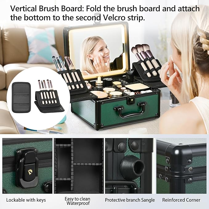 Makeup Case with Lighted Mirror, Makeup Box Organizer with Detachable LED Mirror, Travel Makeup Train Case, Waterproof Cosmetic Organizer, Standing Makeup Brush Holder, Gift, Black Green