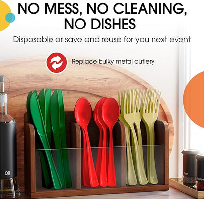 Party Solids Christmas Plastic Silverware Heavy Duty 150 Pieces Christmas Plastic Cutlery Sets, Utensil Sets, 50 Of Each Forks, Knives & Spoons Disposable Cutlery Set, Flatware Set For Party Supplies