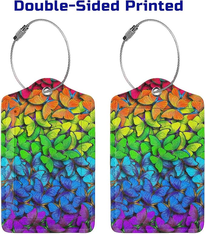 2 Pack Luggage Tag for Suitcases, Colorful Backpack Tag with Beautiful Butterflies Pattern Leather Suitcase Tags Identifiers with Privacy Name Address Labels & Durable Steel Loop for Women Men Travel