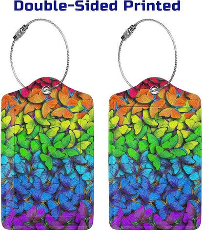 2 Pack Luggage Tag for Suitcases, Colorful Backpack Tag with Beautiful Butterflies Pattern Leather Suitcase Tags Identifiers with Privacy Name Address Labels & Durable Steel Loop for Women Men Travel