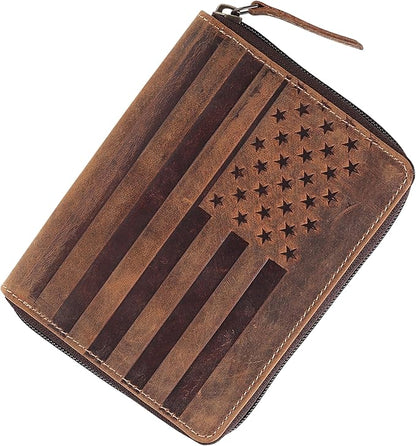 Passport Wallet - Travel Document Holder w/RFID Blocking – Full Grain Leather – Bifold compact zip around Wallet with Credit Card Slots for Women and Men, brown flag, 500-32