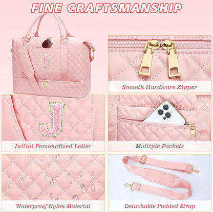 Gifts for Women Girls Initial Travel Duffle Bag Quilted Weekender Carry-On Overnight with Cosmetic Bag, Gym Bag with Shoe Compartment Hospital Bag for Labor Delivery, Pink J