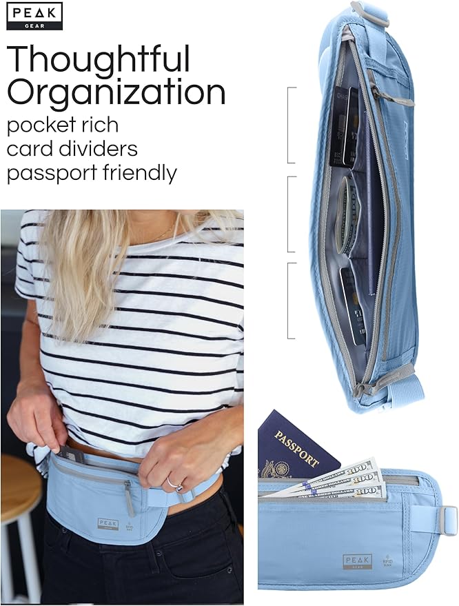 Peak Gear Travel Money Belt. Premium Quality Travel Wallet with RFID Blocking Fabric to Protect Credit Cards, Passports and Documents. Exclusive Theft Protection and 2 Recovery Tags | Blue