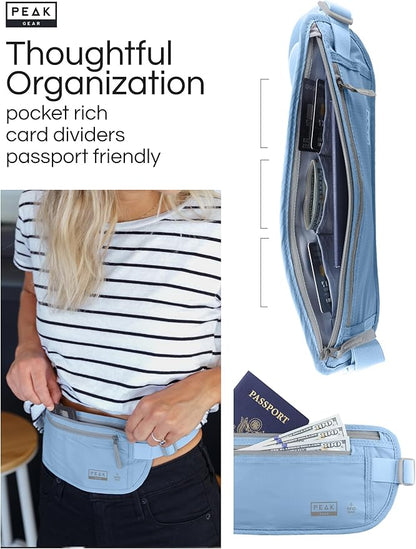 Peak Gear Travel Money Belt. Premium Quality Travel Wallet with RFID Blocking Fabric to Protect Credit Cards, Passports and Documents. Exclusive Theft Protection and 2 Recovery Tags | Blue