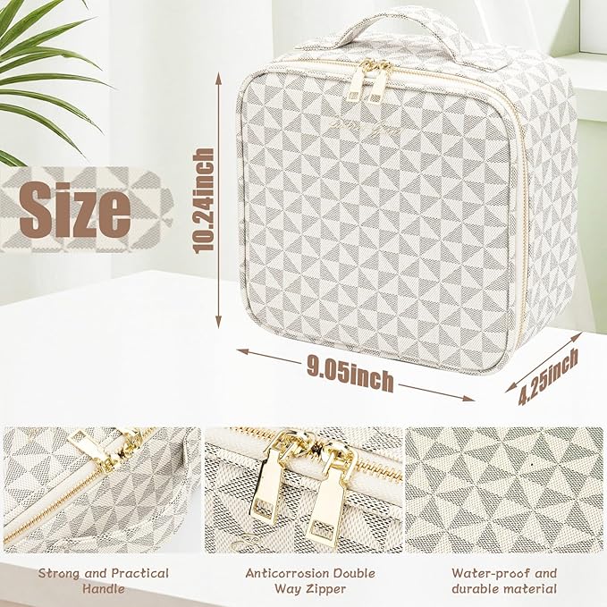 Makeup Travel Train Case with Mirror LED Light 3 Adjustable Brightness Large Cosmetic Bag Portable Storage Adjustable Partition Waterproof Makeup Brushes Make up Jewelry Gift for Women