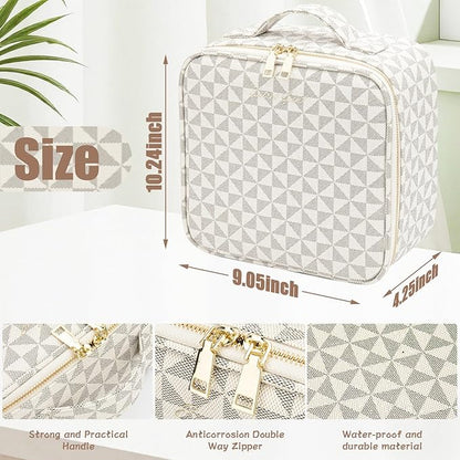 Makeup Travel Train Case with Mirror LED Light 3 Adjustable Brightness Large Cosmetic Bag Portable Storage Adjustable Partition Waterproof Makeup Brushes Make up Jewelry Gift for Women