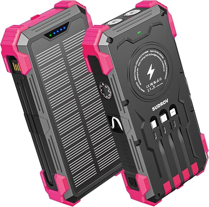 Solar Charger Power Bank, 42800mAh Wireless Portable Charger with USB-C in/Output, QC3.0 Fast Charging 15W 4 Ports Outdoor Battery Pack Built-in Dual Led Flashlights for iPhone Samsung etc Red