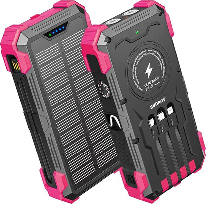 Solar Charger Power Bank, 42800mAh Wireless Portable Charger with USB-C in/Output, QC3.0 Fast Charging 15W 4 Ports Outdoor Battery Pack Built-in Dual Led Flashlights for iPhone Samsung etc Red