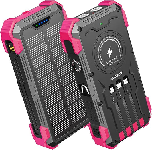 Solar Charger Power Bank, 42800mAh Wireless Portable Charger with USB-C in/Output, QC3.0 Fast Charging 15W 4 Ports Outdoor Battery Pack Built-in Dual Led Flashlights for iPhone Samsung etc Red