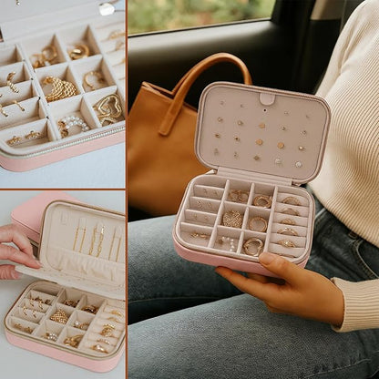 Small Travel Jewelry Box Organizer for women & Girls, Portable Small Travel Jewelry Case Organizer for Traveling, PU Leather Mini Box for Earrings, Necklaces, Rings, Bracelets - Pink