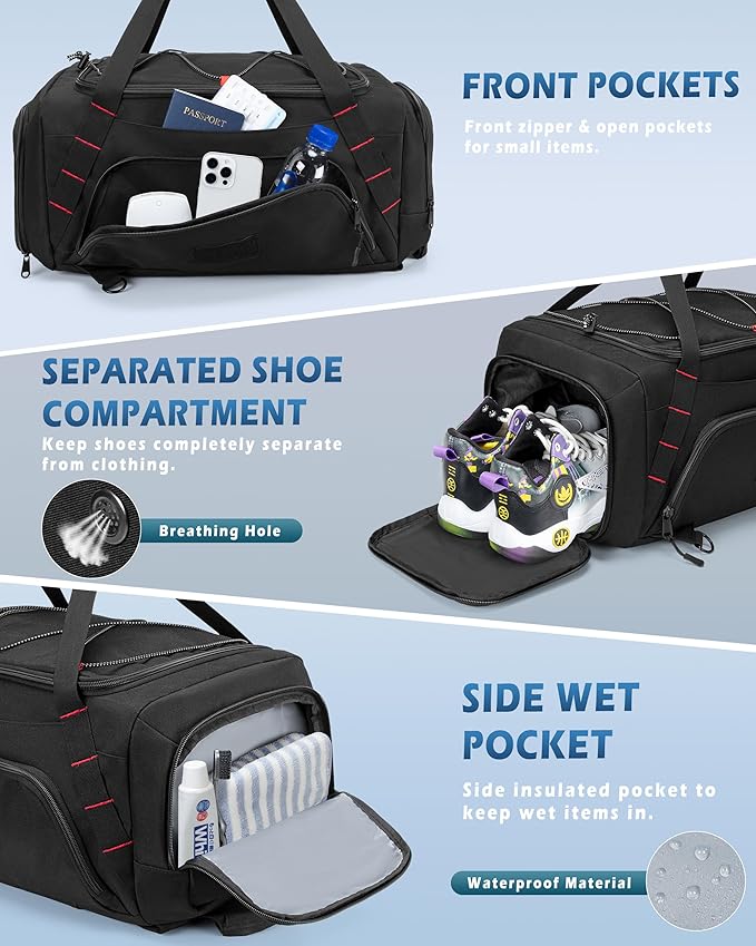 26L Gym Duffle Bag with Backpack Straps, Shoe Compartment and Wet Pocket, Small Duffle Bag for Travel and Sports, Black
