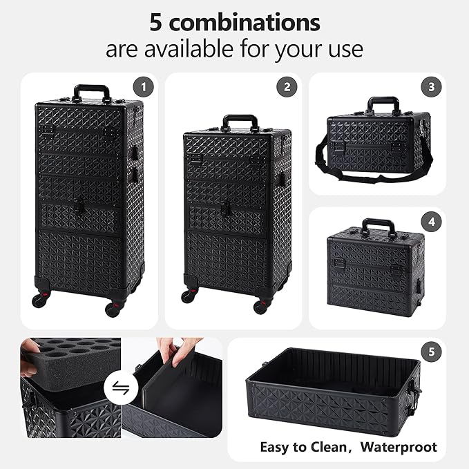 Makeup Train Case with Drawer, Rolling Makeup Case, Cosmetology Case on Wheels, Gift, Large Makeup Case Organizers, Professional for Salon Barber, Nail, Tattoo, Black