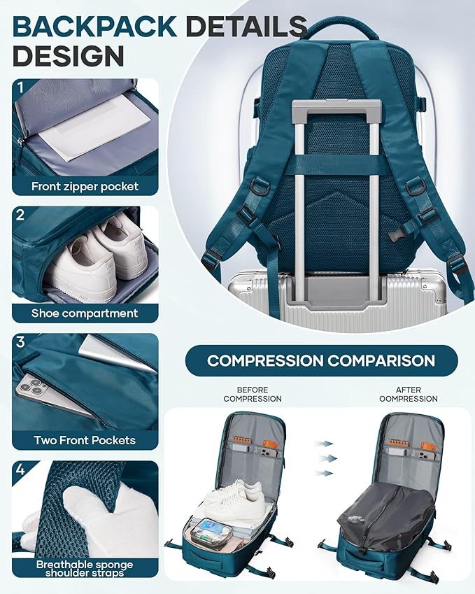 Vacuum Backpack Travel with Pump,Vacuum Seal Bags for Clothing, Shoe Compartment,United Airlines Personal Item Bag 17x10x9,Mochila compresion al vacio,Peacock Blue