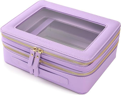 Aveniee Clear Makeup Bags, Double Layer Cosmetic Bags with a Separate Brush Compartment, Large Travel Toiletry Bag Train Case for Women, Travel Accessories Organizer.2 Layers Large, Lilac