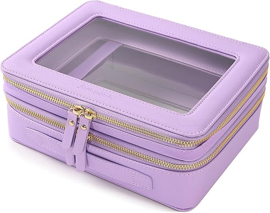 Aveniee Clear Makeup Bags, Double Layer Cosmetic Bags with a Separate Brush Compartment, Large Travel Toiletry Bag Train Case for Women, Travel Accessories Organizer.2 Layers Large, Lilac