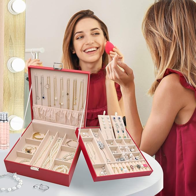 ProCase Jewelry Box for Women, 2 Layers Large Leather Jewelry Organizer Storage Case with Removable Pad for Earrings -Red