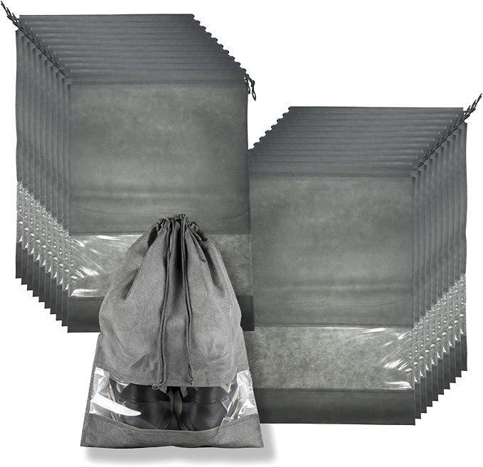 20 Pack Shoe Bags for Travel, 17" x 12.6" Drawstring Shoe Organizers with Clear Window, Breathable Non-Woven Dustproof Pouches for Luggage & Closet (Gray)