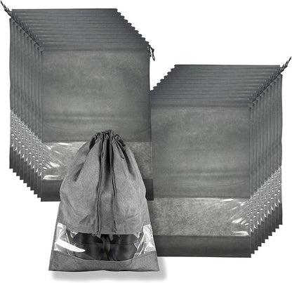 20 Pack Shoe Bags for Travel, 17" x 12.6" Drawstring Shoe Organizers with Clear Window, Breathable Non-Woven Dustproof Pouches for Luggage & Closet (Gray)