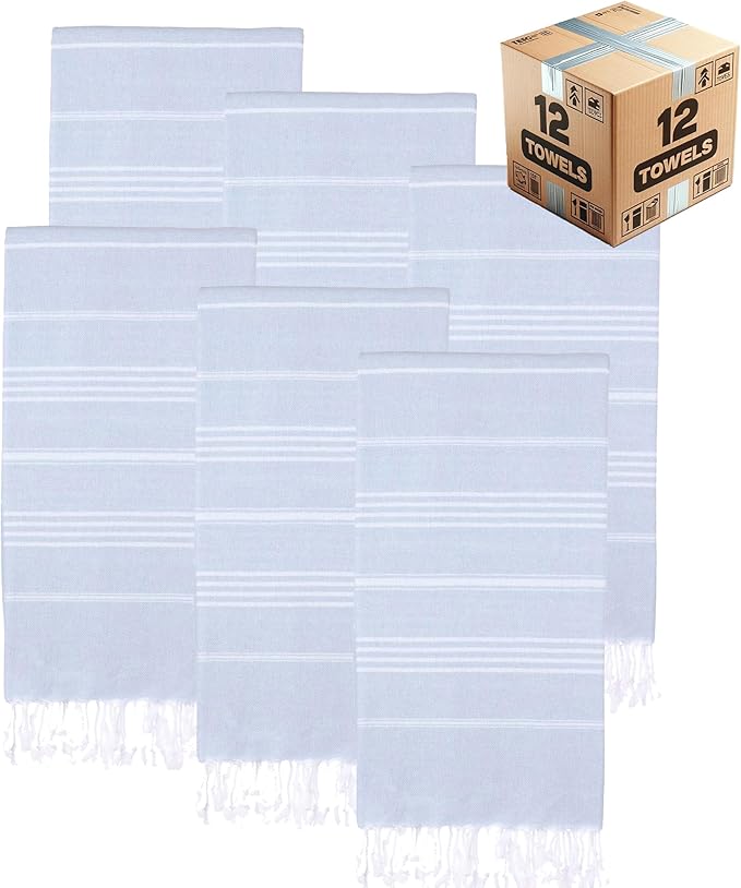 Turkish Beach Towels, Bulk Case of 12 | Oversized, Quick Dry, Sand Free | 100% Cotton, Large 38x71 Towels for Beach, Pool, Travel | Ultra-Soft, Compact, Absorbent | Baby Blue