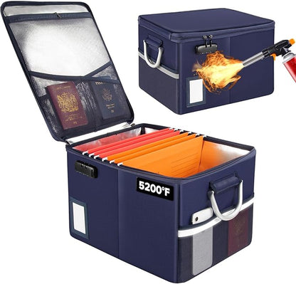 TOMKID 5200°F Fireproof Document Box, Fire Important Document Organizer with Lock, Upgraded Heat Insulated Filing Storage Cabinet Office Organization (5200°F Fireproof Box, Blue)
