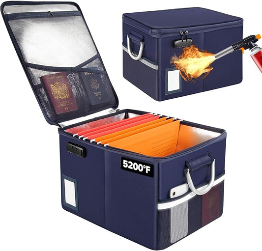 TOMKID 5200°F Fireproof Document Box, Fire Important Document Organizer with Lock, Upgraded Heat Insulated Filing Storage Cabinet Office Organization (5200°F Fireproof Box, Blue)