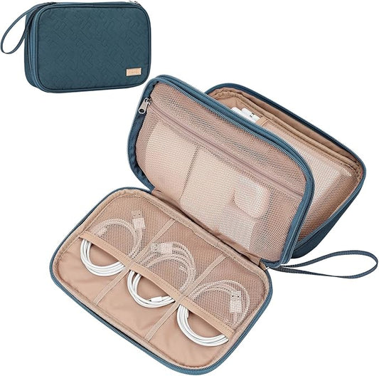 NISHEL Travel Cord Organizer Case, Double Layers Tech Electronic Bag, Essentials for Charger, Cable, Phone, Flash drive, Large, Lake-Blue