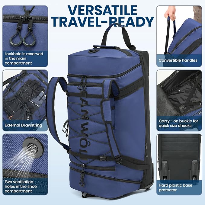 Fanwoli 92L 120L Large Rolling Duffle Bag with Shoes Compartment, 30’’ Expandable & Foldable Heavy Duty Water Resistant Travel Backpack, Convertible Foldable Duffel for Gym Camping Weekender