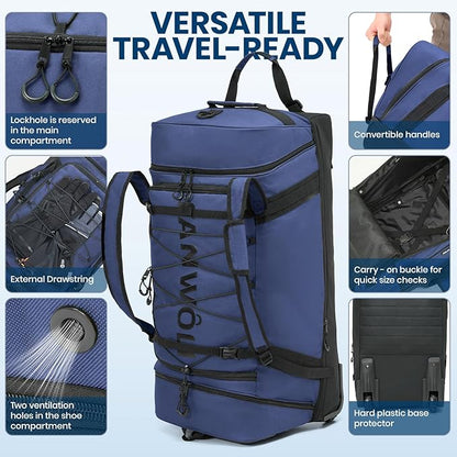 Fanwoli 92L 120L Large Rolling Duffle Bag with Shoes Compartment, 30’’ Expandable & Foldable Heavy Duty Water Resistant Travel Backpack, Convertible Foldable Duffel for Gym Camping Weekender