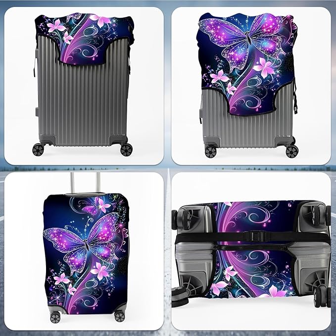 Suitcase Cover for Luggage 25-28 Inch, Washable Elastic Anti-Scratch Luggage Protector, Durable Zipper Baggage Cover with Handle Wrap, Travel Accessories for Suitcase,Sparkling Purple Butterfly
