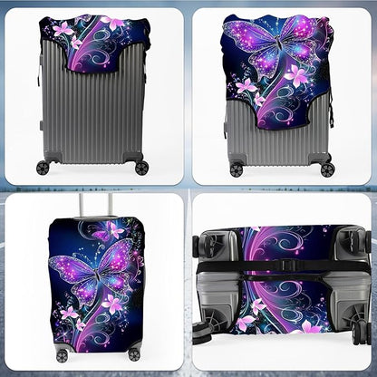Suitcase Cover for Luggage 25-28 Inch, Washable Elastic Anti-Scratch Luggage Protector, Durable Zipper Baggage Cover with Handle Wrap, Travel Accessories for Suitcase,Sparkling Purple Butterfly