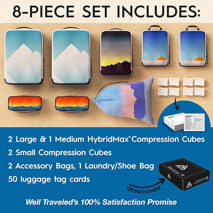 8-Piece Luxury Compression Packing Cubes & Bags for Travel – Maximize Space in Luggage with HybridMax Double-Capacity Design, 50 Luggage Tags, Deluxe Set, Lifetime Satisfaction Suitcase Organizer Bags