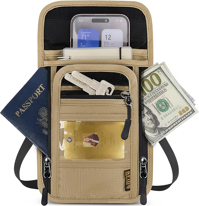 Travel Neck Wallet RFID Blocking – Hidden Passport Holder & Anti-Theft Money Pouch for Men & Women, Lightweight Concealed Undergarment Organizer with Adjustable Strap, Secure Document Holder