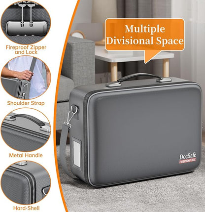 DocSafe Fireproof Document Box with Lock, Hard Case File Organizer with Accordion File Folder, Fireproof Water Resistant Safe Box Home Office Travel Storage for Important Documents Laptop Gray