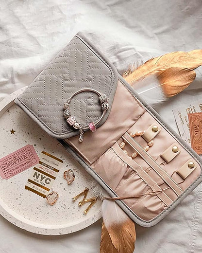 BAGSMART Travel Jewelry Organizer Case Foldable Jewelry Roll for Journey Rings, Necklaces, Earrings, Bracelets,Mini,Warm Gray