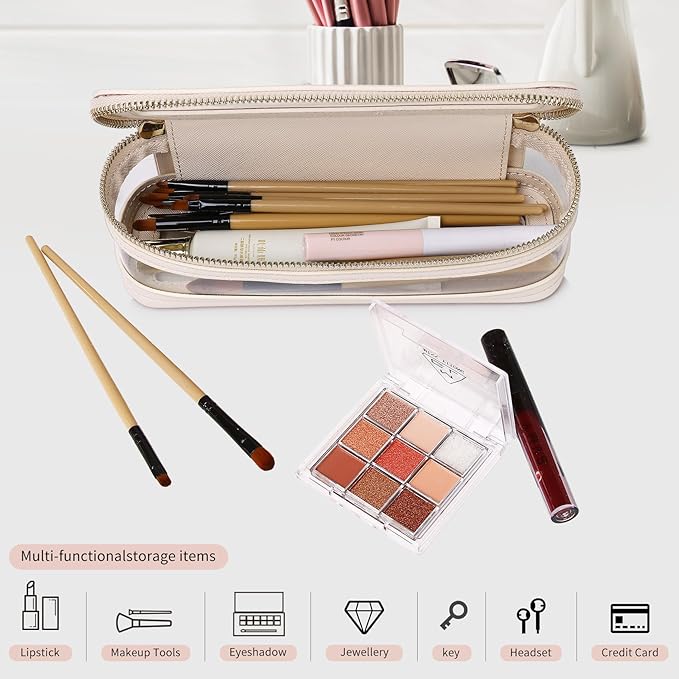 Pinkmik Makeup Brush Case Clear Travel Cosmetic & Toiletry Bag Slim Makeup Bag with Zipper Small Purse Organizer Car Essential Bag for Women (Beige, SLIM-1)