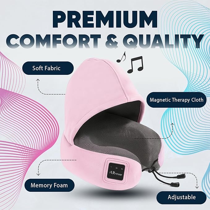 Bluetooth Music Semicircular Neck Pillow with Hood Wireless Bluetooth Speaker Suitable Airplane,Car,Office,and Outdoor Camping for Sleeping, Resting The Best Travel Essentials. (Pink)