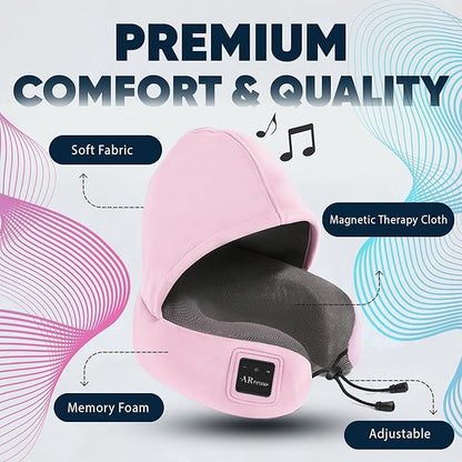 Bluetooth Music Semicircular Neck Pillow with Hood Wireless Bluetooth Speaker Suitable Airplane,Car,Office,and Outdoor Camping for Sleeping, Resting The Best Travel Essentials. (Pink)
