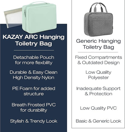 KAZAY Hanging Toiletry Bag with TSA Approved Detachable Pouch, Travel Toiletry Bag, Water Resistant, Premium Nylon, Full-Size Bottles, Travel Size Toiletries, Cosmetic Bag, Unisex (Sage Green)