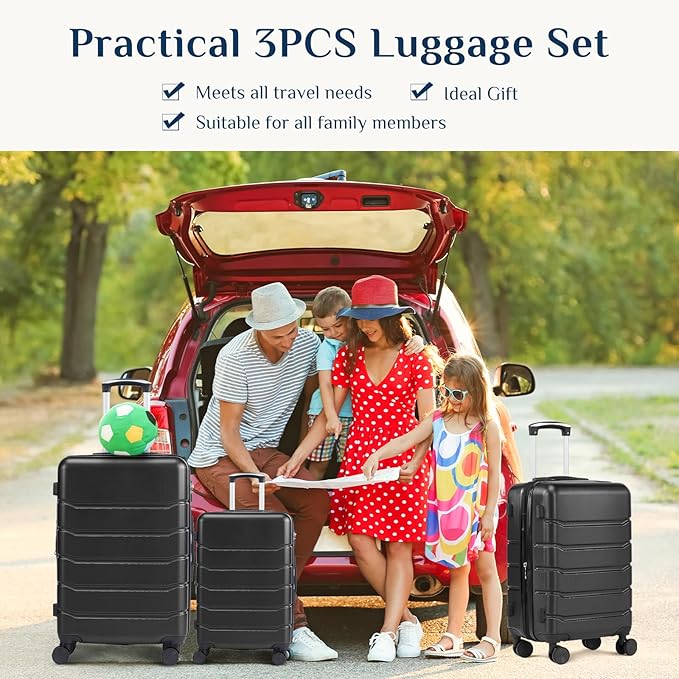 NEWBULIG Suitcases Spinner Wheels Lightweight Expandable Travel Hard Shell Luggage with TSA Lock, Black, 3-PCS Set (21/25/29 Inch)