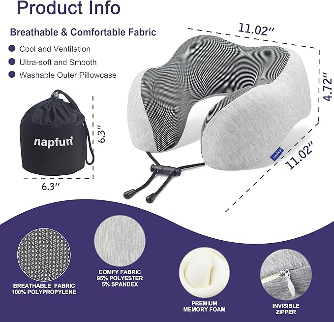 napfun Neck Pillow for Traveling, Upgraded Travel Neck Pillow for Airplane 100% Pure Memory Foam Travel Pillow for Flight Headrest Sleep, Portable Plane Accessories, Light Grey