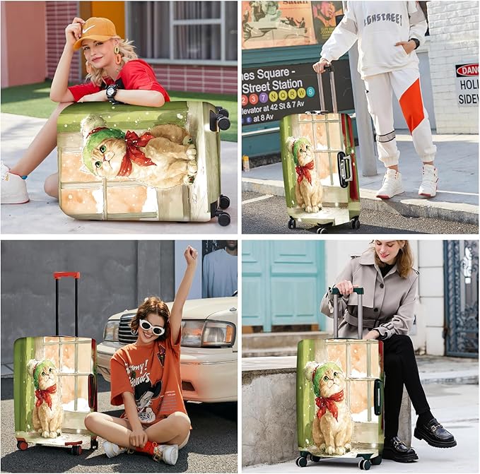 FOREVER QUEEN Christmas Cute cat Luggage Cover Suitcase Protector Suitcase Cover Anti-Scratch,Stretchable Bag Cover Washable Durable Polyester